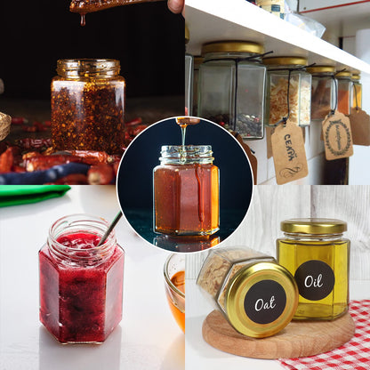 Betrome 30 Pack 6oz Hexagon Glass Jars with Gold Lids, 180ml Clear Glass Canning Jars Honey Jars Spice Jars Mason Jars for Jams, Shower Favors, Wedding Favors, Craft, 1 Pen and Labels Included