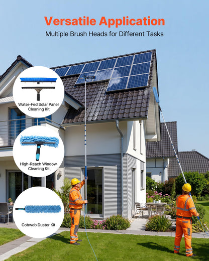 VEVOR Solar Panel Cleaning Kit, 33 ft, Water Fed Pole Kit with Cleaning Brush, Squeegee, Soap Dispenser, Extendable Aluminum Telescopic Pole, 180° Rotatable Brush Head, for Roof Mounted Solar Panels