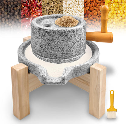 Natural Stone Grain Mill, Manual Granite stone grinder with Wooden Base & Heavy-Duty Handle, Stone Mill for Flour for Grain & Spice Grinding, stone flour mill grinder for Home Kitchen