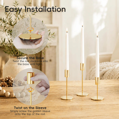 zeochyni French Gold Candlestick Holders Set of 6, Metal Taper Candle Holders in 3 Heights with Weighted Base for Dining Table Centerpiece, Wedding, Mantel Decor and Housewarming Gift