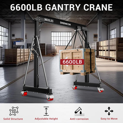 3 Ton 6600LBS Gantry Crane, Adjustable Height 8.53 to 12.47ft, Steel I-Beam Construction Portable Shop Hoist for Factories, Warehouses, Auto Repair, Construction Site, Black