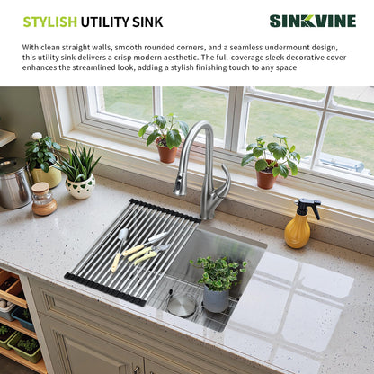 SINKVINE 23-inch Undermount Laundry Utility Sink - 23x19x13 Extra Deep Stainless Steel Single Bowl Basin with Drain Strainer, Bottom Grid & Drying Unit for Laundry Room, Outdoor, Garage, Kitchen Use
