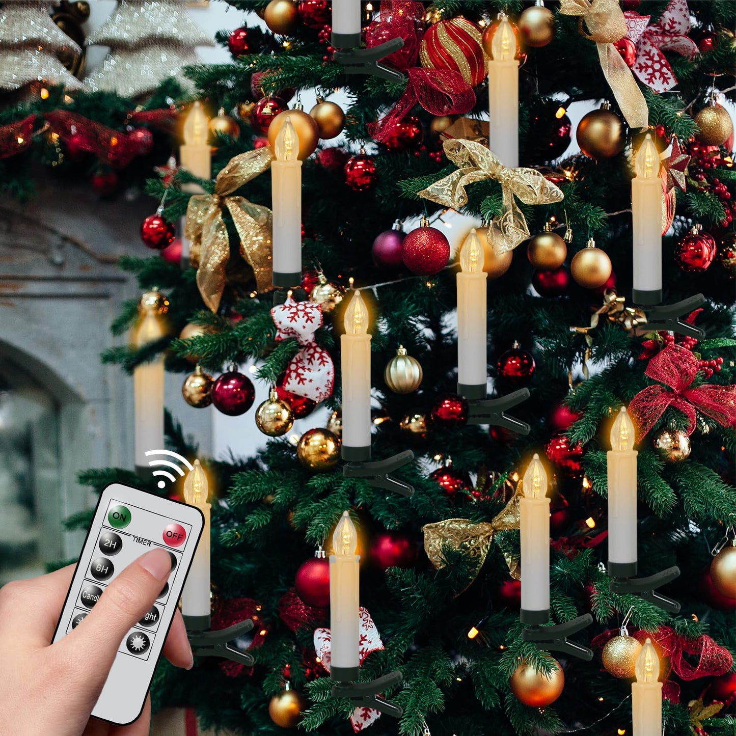 DRomance Christmas Tree Flameless Taper Candle Lights Battery Operated with 10-Key Remote and Timer, 30 Pack Plastic 3D Wick Flickering LED Taper Candles Multi-Using Home Garden Holiday Decor 3.4"