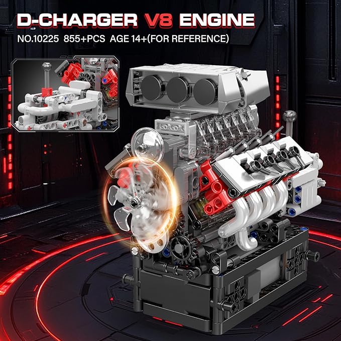 Mould King 10225 V8 Engine Model Kit that Works - Car Engine Building Blocks Kit with Battery STEM Mechanic Engineering Construction Set Collection Model Gift for Adults(855 PCS)
