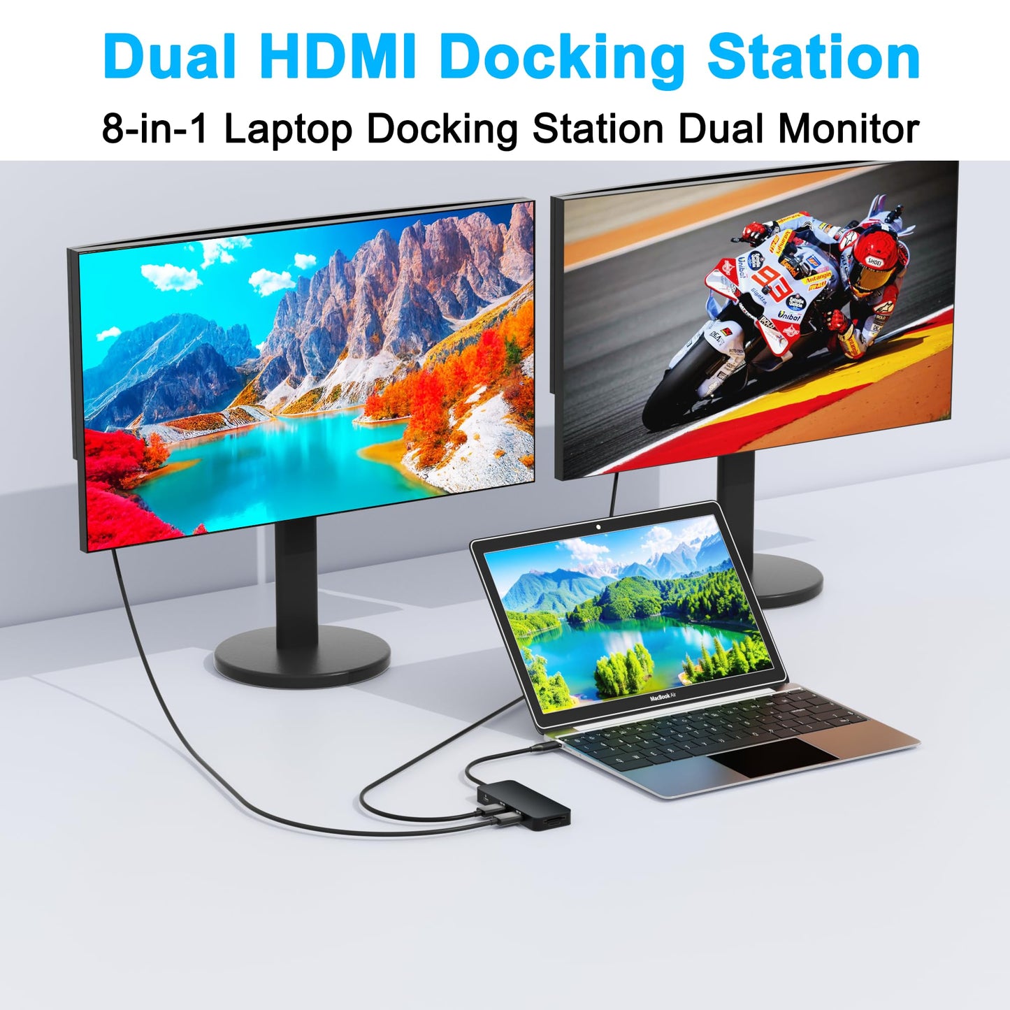 Laptop Docking Station Dual Monitor for Dell/HP/Lenovo/Mac, HDMI Splitter for Dual Monitors Extended Display, Dual Monitor Adapter 4K@60hz, USB C Docking Station for Laptop with HDMI/USB/PD/SD/TF