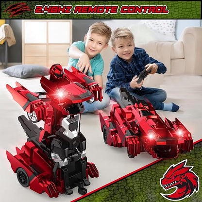 Dinosaur Transform Rc Cars 2.4Ghz Remote Control Car Transforming Robot with Flashing Light 360° Rotation One Button Deformation Car Toy Gifts for Boys Age 4-7 8-12