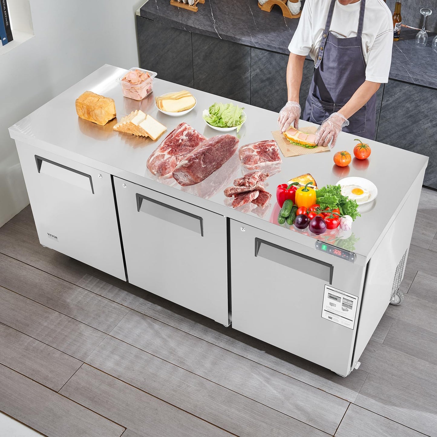 VEVOR 72" Commercial Refrigerator Sandwich & Salad Prep Table, 20 Cu. Ft Stainless Steel Refrigerated Food Prep Station with 3 Doors, Frost Free Refrigerator with Lock for Restaurant, Bar, Store