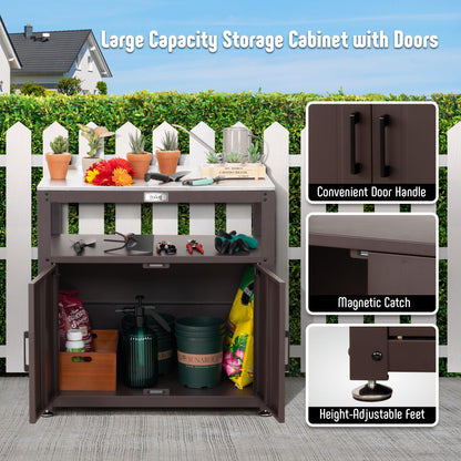 Feasto Outdoor Potting Bench with Storage, Stainless Steel Tabletop Garden Work Bench with Storage Cabinet & Removable Inner Shelf for Patio Lawn Outdoor Gardening