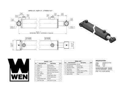 WEN WT2518 Cross Tube Hydraulic Cylinder with 2.5-inch Bore and 18-inch Stroke