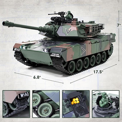1:18 RC Tank 2.4Ghz M1A2 Remote Control Tank Model Toys 15 Channel Battle Army Toy with Smoke Light Sound Volume Switch Military Toy for Adult and Kid that Shoots BBS
