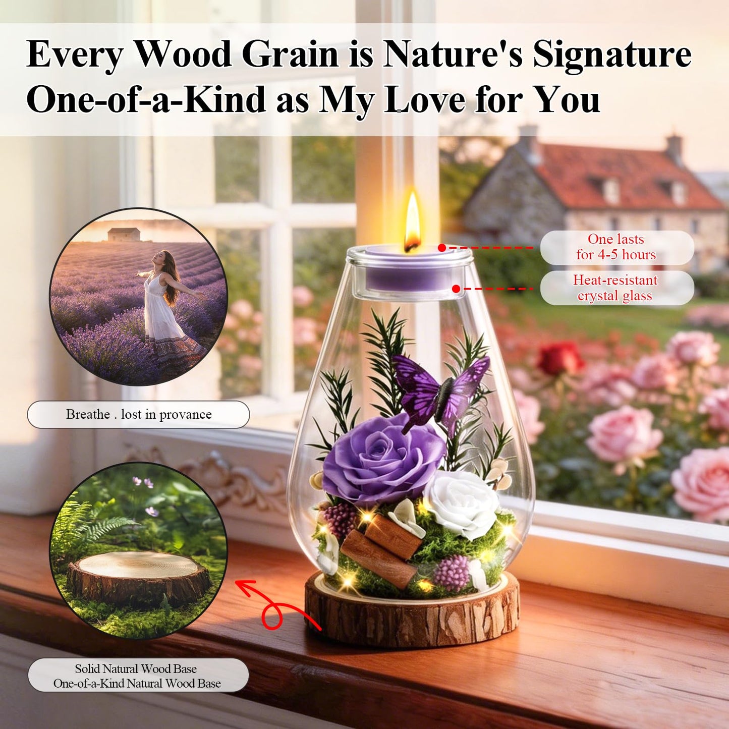 Tyvouflo Birthday Gifts for Women Preserved Flowers Purple Roses Candle Holder in Glass Dome Gift for Mom Birthday Gift Forever Flowers for Anniversary Real Flowers Eternal Rose for Proposal Wedding