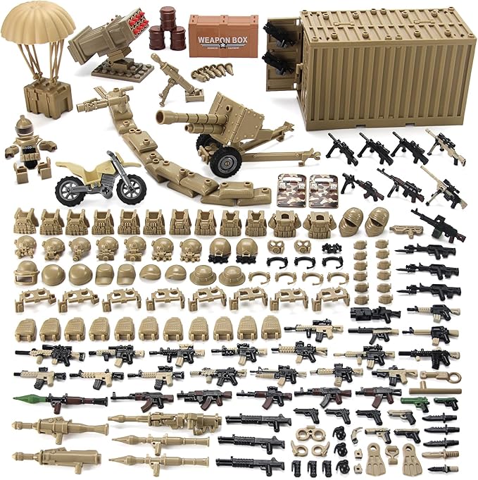 Military Weapons Pack with Shipping Cargo Container Army Equipment Helmet Armor 325Pcs Various of Military Accessories Building Block Toy Compatible with Major Brands Soldier Figures (Desert Tan)