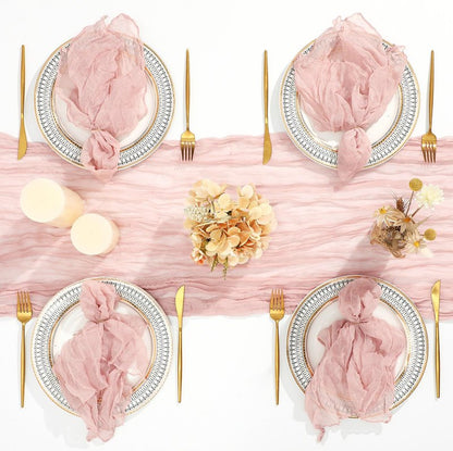 Windkream 2 Cheesecloth Table Runners and 24 Napkins Set, 10Ft Boho Cheese Cloth Table Runners 20 x 20 Inch Rustic Wrinkled Gauze Napkins for Wedding Birthday Baby Shower Party Decor (Dusty Pink)