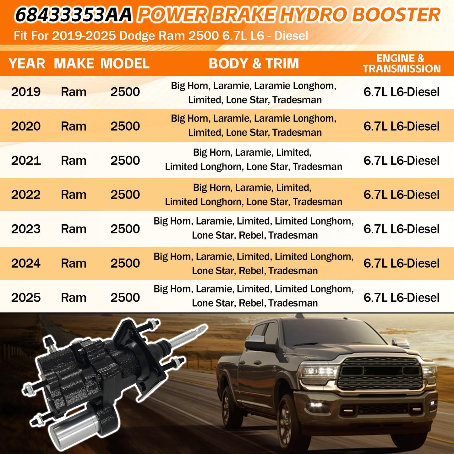 68433353AA Hydraulic Power Brake Booster Hydro Booster Fit for 2019-2025 Dodge Ram 2500 3500 6.4L V8-Gas 6.7L L6-Diesel