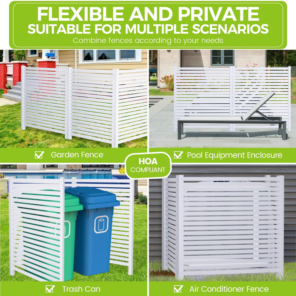 WEEDING Air Conditioner Fence 48" W X 48" H Trash Can Fence Pool Equipment Enclosure Vinyl Privacy Fence Outdoor No Dig Privacy Fence 3 Panels with Metal Stake, White
