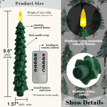 FCMSHAMD Dark Green Christmas Trees Flickering Flameless Candles with Remote and Timer, Real Wax 3D Flame Wick LED Candles, 9.8 Inch Battery Operated Candles for Christmas Home Decoration，2PCS