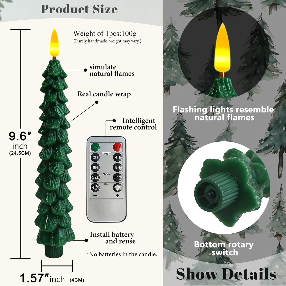 FCMSHAMD Dark Green Christmas Trees Flickering Flameless Candles with Remote and Timer, Real Wax 3D Flame Wick LED Candles, 9.8 Inch Battery Operated Candles for Christmas Home Decoration，4PCS