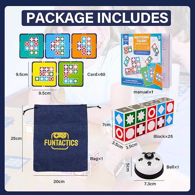 XXL Funtactics Wooden Matching Game Puzzle 3.0 Games Pattern Block Match Puzzles Building Cubes with Bell for Kids and Adults Toys Board Games for Family Holidays Night 5 Players