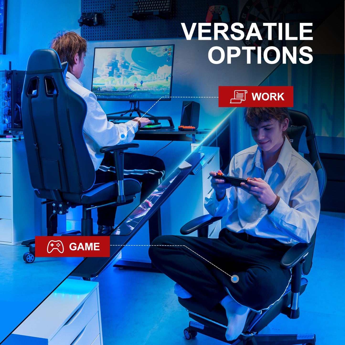 GTRACING Gaming Chair with Footrest, Ergonomic Computer Game Desk Chair, Recline Gaming Chair Seat Height Adjustment, Swivel Rocker with Headrest and Lumbar (Blue)