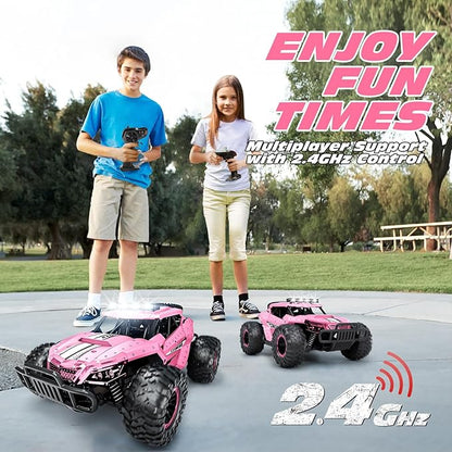 Tecnock Pink RC Car 1/16 Scale Remote Control Car for Girls High Speed 20 Km/h All Terrains Rc Monster Truck with Two Rechargeable Batteries &amp Head Chassis Lights Gift Toy for Kids Adults