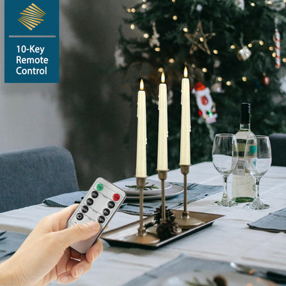 SEHNSY Dripless Flameless Taper Candles with Remote, Real Wax Battery Operated LED Candles Set with 3D Flickering Flame, 9.6" Realistic Dripless Candlesticks for Wedding Home Decor, 3 Pack Ivory