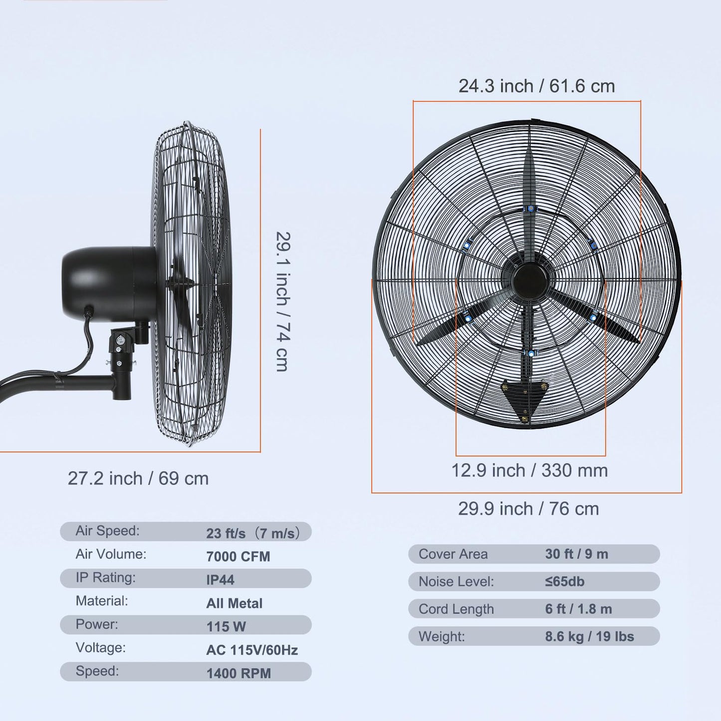VEVOR 24 Inch 3-Speed 7000 CFM Black Waterproof Wall Mount Oscillating Fan