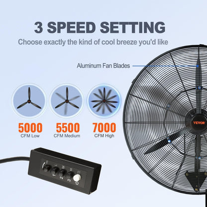 VEVOR 24 Inch 3-Speed 7000 CFM Black Waterproof Wall Mount Oscillating Fan