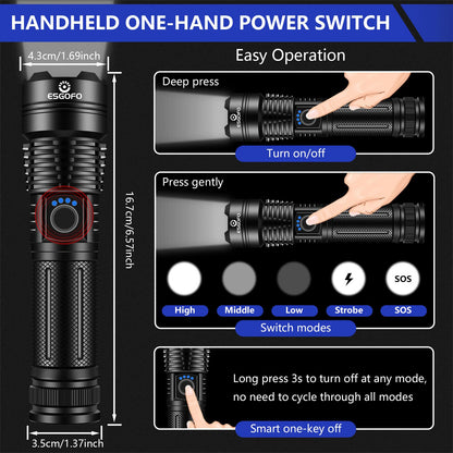 Esgofo Flashlights High Lumens Rechargeable, 2000 Lumens Super Bright Handheld LED Flash Light, Powerful Emergency Linternas, Waterproof, Long Lasting, for Hiking Camping Gift