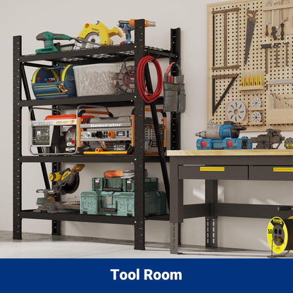 FLEXIMOUNTS Garage Shelving Heavy Duty, 49.6" W 4-Tier 10000LBS Industrial Shelving Unit with 4 Hooks, Adjustable Storage Shelves for Garage, Basement, Warehouse, 71" H x 49.6" W x 23.6" D