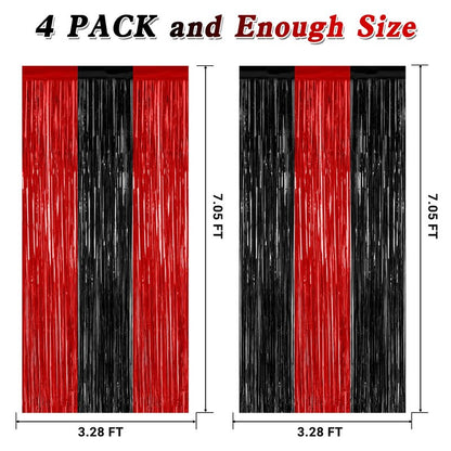 4 Pack Halloween Wall Backdrop, 3.28 FT x 7.05 FT Red and Black Party Streamer, Metallic Tinsel Curtains Fringe Backdrop Foil Streamer, Halloween Hanging Decor Casino Theme Party Decorations