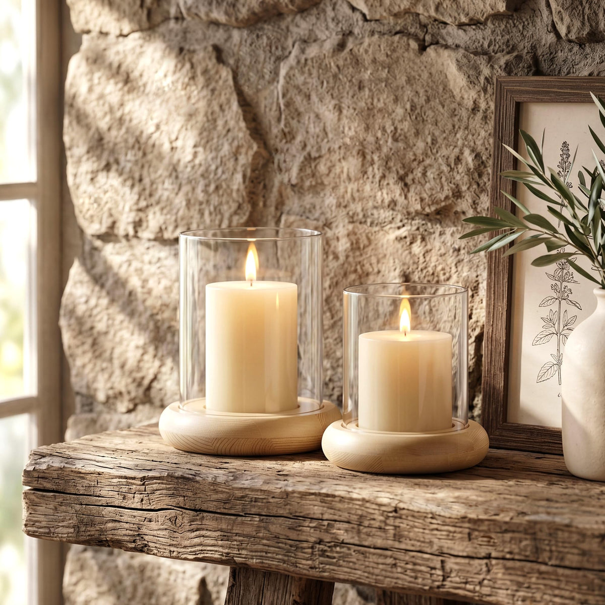 Set of 2 Hurricane Glass Candle Holders with Natural Brown Wood Base Decorative Candle Lantern, Farmhouse Rustic Boho Table Centerpieces Decor for Living Room, Outdoor Home Decor