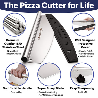 KitchenStar Pizza Cutter Rocker 18" + Acacia Wood Pizza Peel 16" + Pizza Stone for Oven and Grill 16" - Pizza Making Bundle