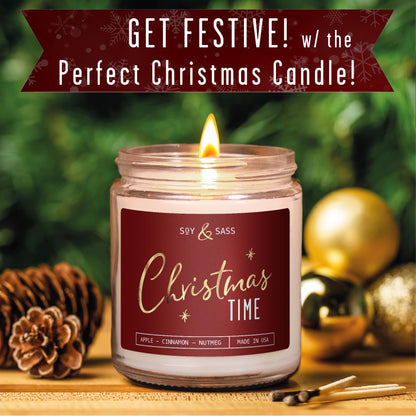 Christmas Candles Scented - 'Christmas Time' Soy Christmas Candle, w/Apple, Cinnamon, Clove - Infused with Essential Oils I Holiday Candles I 9oz, 50Hr, Made in USA