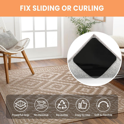 BAGAIL Non-Slip Rug Grippers - 4 Reusable Double-Sided Adhesive Corner Pads for Hardwood & Tile Floors | 4x4in