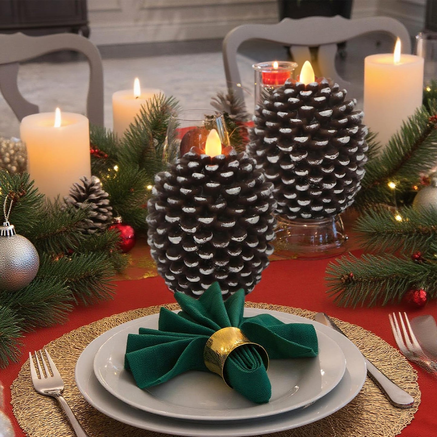 Wondise Flameless Candles with 6H Timer, Battery Operated Flickering Wick Real Wax Pine Cone Candles for Holiday Indoor Decoration, Set of 2, Brown(D3.5 x H4.7 Inch)