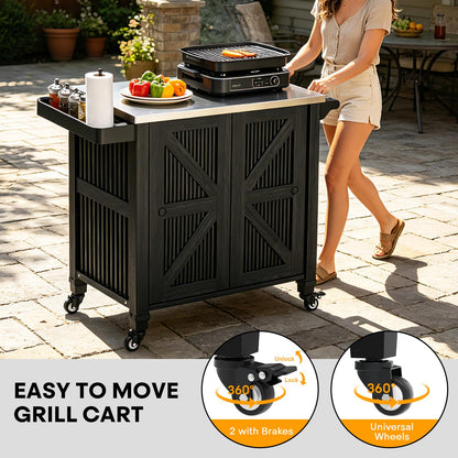 evixor Outdoor Grill Cart with Stainless Steel Tabletop, Outdoor Kitchen Island with Storage Cabinet, Grill Cart with Folding Trash Can, 4 Wheels (2 Lockable) for Patio, Backyard, Garden and Poolside