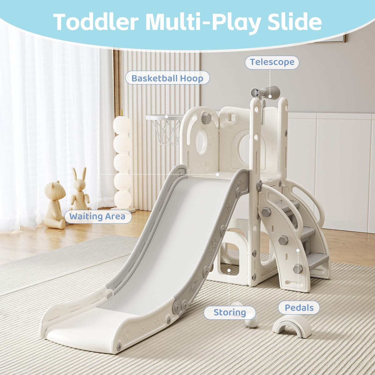 CuFun 6 in 1 Toddler Slide, Indoor Outdoor Playground for Kids 1-3, Baby Slide with Basketball Hoop, Storage, Climber and Telescope,Gray White