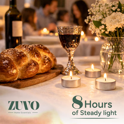 Zuvo Tea Lights Candles 8 Hour Burn (100 Pack) - Unscented White Tealight Candles, Long Burning Smokeless Tea Lights for Weddings, Home, Shabbat, Emergency - European Made, Lead-Free Cotton Wick