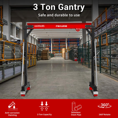 3 Ton 6600LBS Gantry Crane, 2026 Upgraded Trolley, Adjustable Height (8.53-12.47 FT), Width (9.06 FT), Steel I-Beam Construction, Portable Gantry Crane for Factories, Warehouses, Auto Repair, Red
