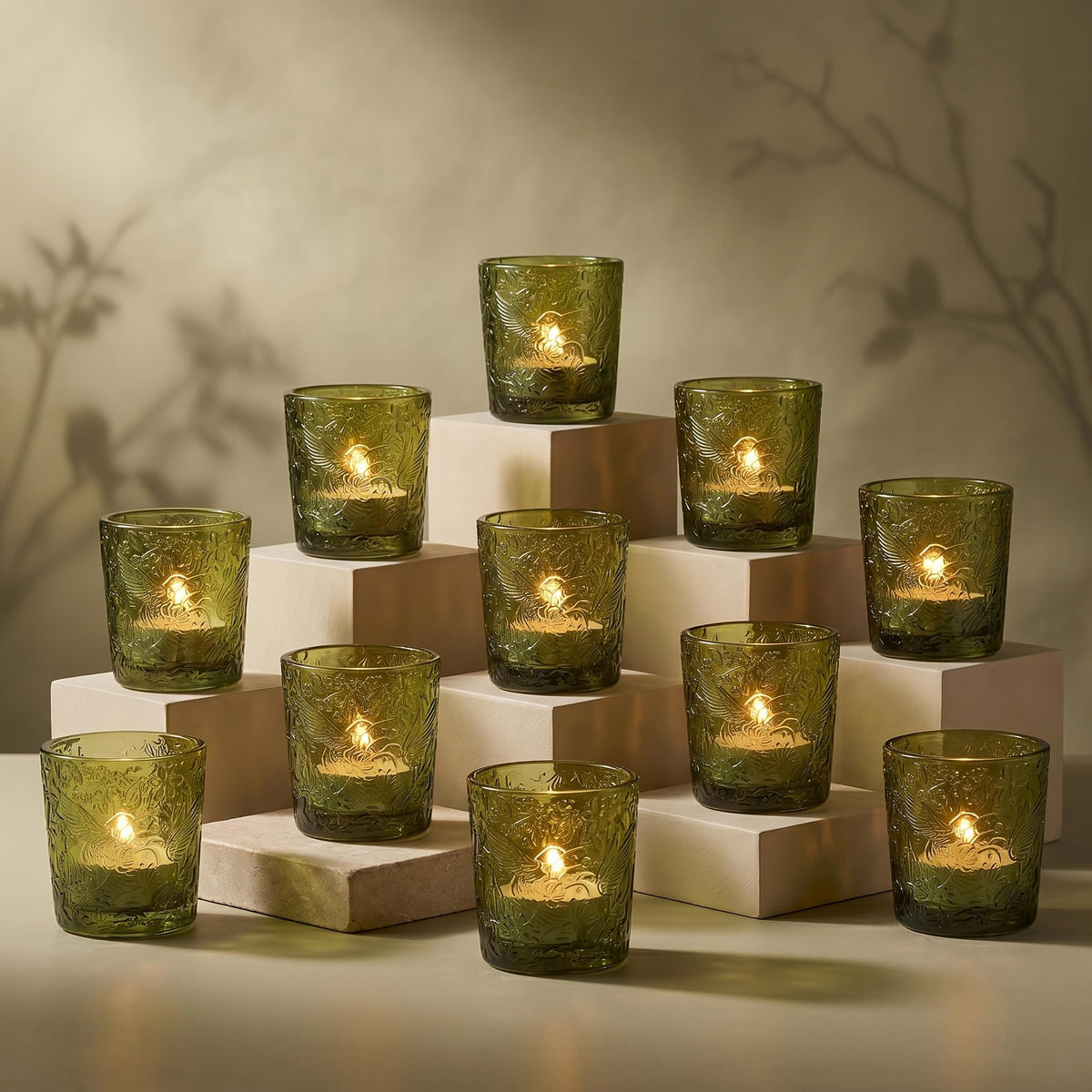 12 Pack Hummingbird Embossed Glass Candle Holders – Votive Tealight Holders with Patent Design, Decorative Embossed Glass Cups for Wedding Centerpieces, Parties, and Home Décor (Moss Green)