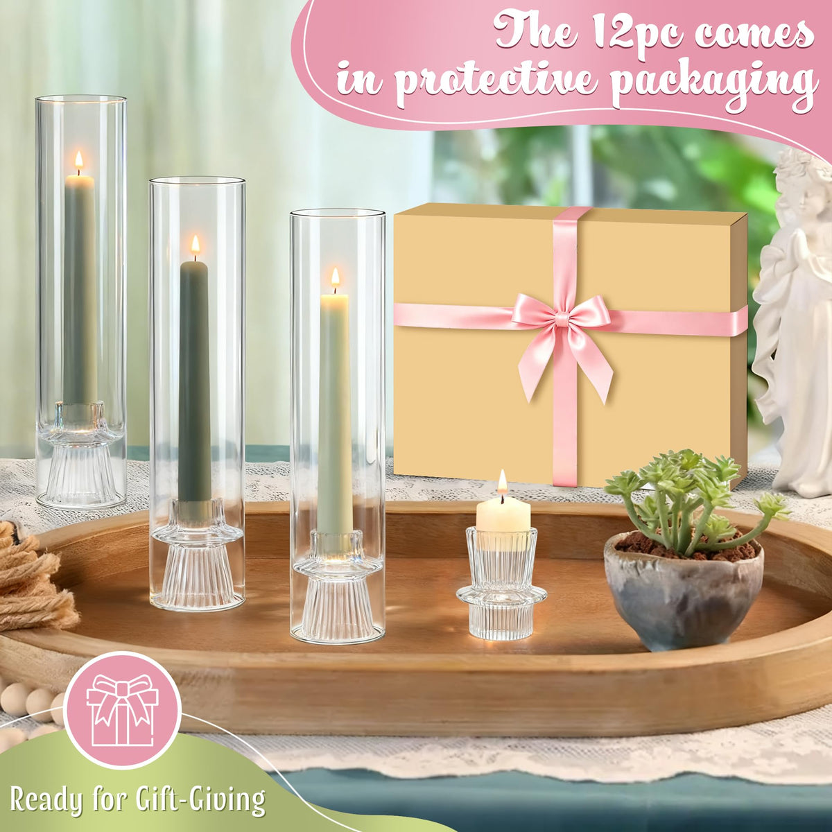 12 Set Glass Hurricane Candle Holders - 12" Tall Clear Glass Candlestick Holders for Taper Candles with Cylinder Chimney for Wedding, Party, and Home Table Centerpiece Decoration