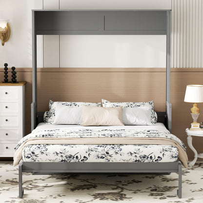 GDFStudio Queen Size Murphy Bed with Desk, LED Lights and USB Charging Ports, Wall-Mounted Space-Saving Bed, Solid MDF + Plywood, Foldable Design, Modern Home Office and Guest Room Solution, Gray