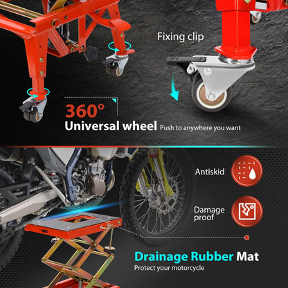 VIVOHOME Heavy Duty Hydraulic Motorcycle Lift Table Foot Operated ATV Dirt Bike Scissor Jack Stand with Motorcycle Rear Wheel Lift Universal Sport Bike Swingarm Spool Paddock Stand Combo