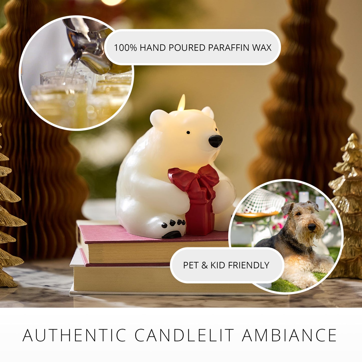 Luminara Flickering Flameless Candle 5" x 5.5", Battery Operated & Timer Function, Remote Ready (Sold Separately), Polar Bear w/Gift Moving Flame LED Light Figural Decor for Christmas Winter Holidays
