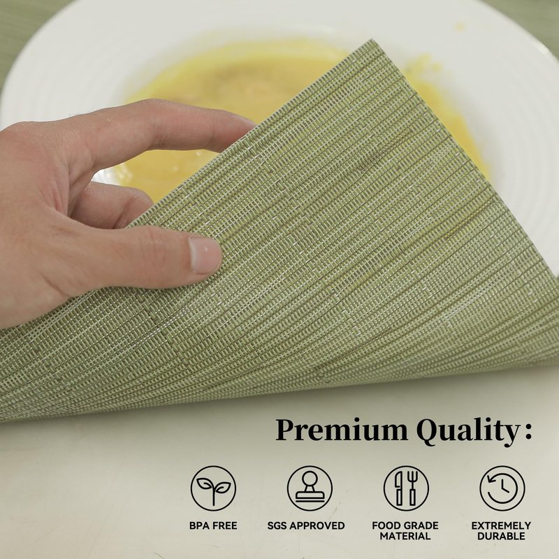 Leetaltree Pea Green Placemats Set of 4 - Heat Resistant Non-Slip Place mats for Dining Table, Washable Durable PVC Vinyl Woven Table Mats（Pea Green, 4）