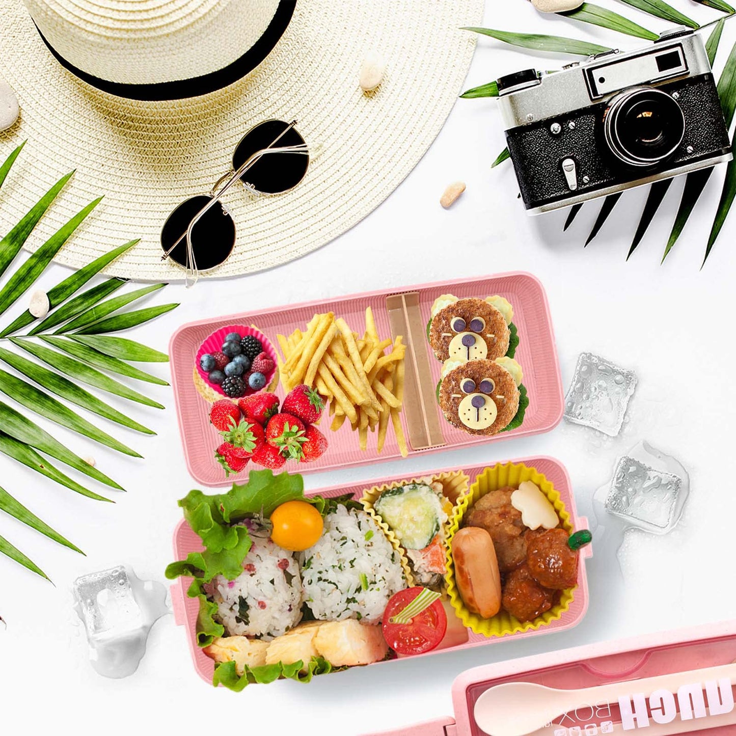 Meltset M Bento Box Japanese Lunch Box Kit Leakproof Bento Lunch Box for Kids Adults Wheat Straw 3 Layer Stackable Lunch Containers with Compartment Eco-Friendly Meal Prep Containers (Pink)
