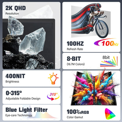 InnoView 18.5" Dual Portable Monitor 100Hz 2K 2560x1600P 100% sRGB Foldable & Stackable Design with 315° Screen Adjustment | DP/USB-C/HDMI, Second Monitor for Laptop, Mac, Windows