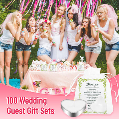 JEFHOMKIT 100 Set Wedding Favors - Heart Shaped Tealight Candles and Thank You Cards with Organza Bags