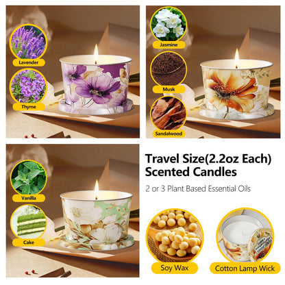 3 Pack Scented Candles-Lavender & Thyme, Vanilla Cake, Jasmine & Musk & Sandalwood, Travel Tin Candle Set, 2.2oz Each, 8-10h Burn Time, Soy Wax, Cotton Wick