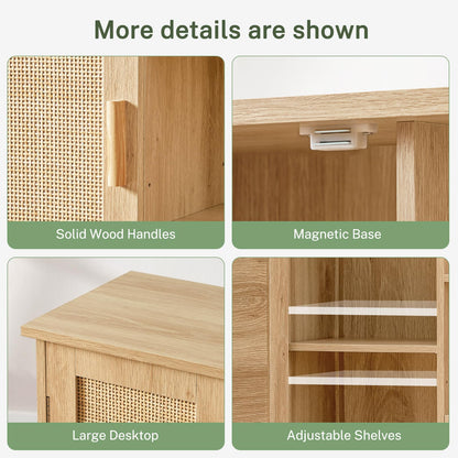 Iwell Rattan Storage Cabinet with 4 Adjustable Shelves, Coffee Bar Cabinet, Sideboard Buffet for Kitchen, Living Room, Entryway, Natural